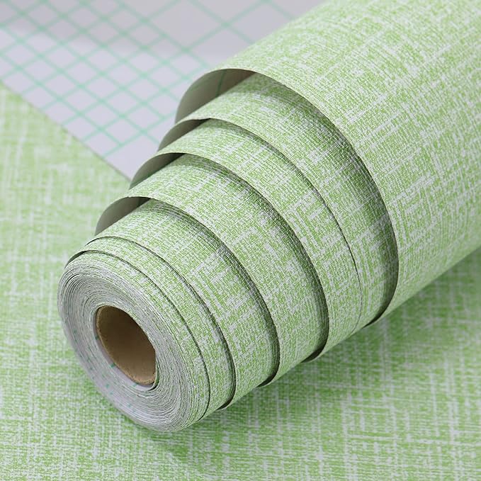 Peel and Stick Wallpaper Green Grass Cloth Wall Paper - 15.7 x 500 Inch Self Adhesive Wallpaper Peel and Stick, Easy to Paste Wall Contact Paper for Stand Liner, Table and Door Makeover Decor