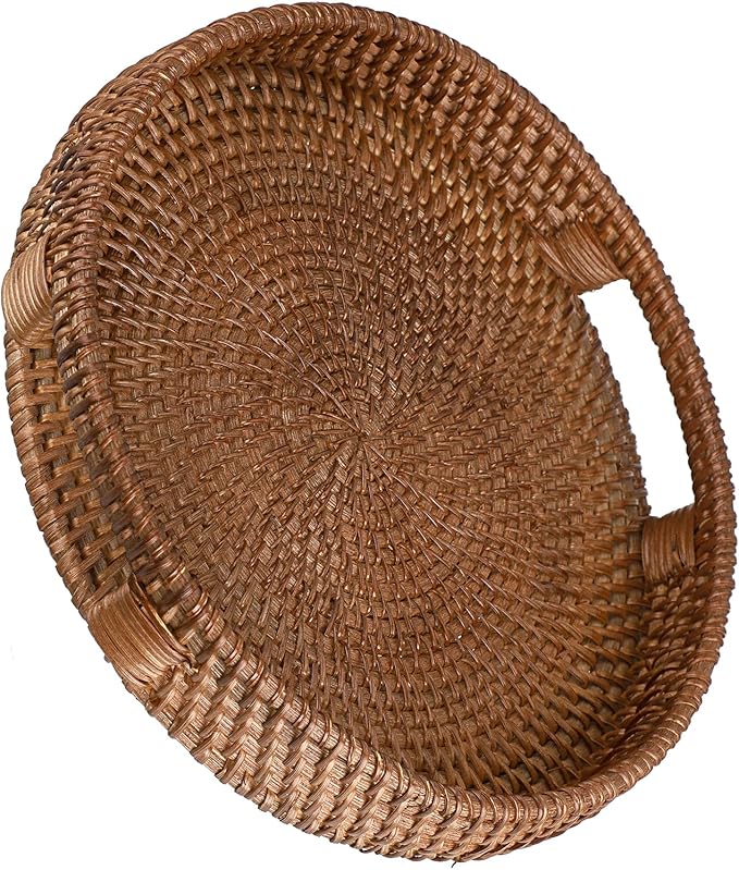 Hipiwe Rattan Round Serving Tray with Handles, Woven Decorative Basket Tray for Coffee Table, Small Wicker Ottoman Tray for Serving Breakfast Dinner Parties, Brown 10 inch