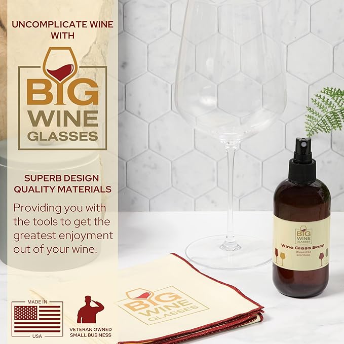 Wine Glass Cleaner & Polishing Cloth Set | Organic Liquid Spray Soap + Microfiber Cleaning & Drying Towel | Streak Free and Spot Free Shine