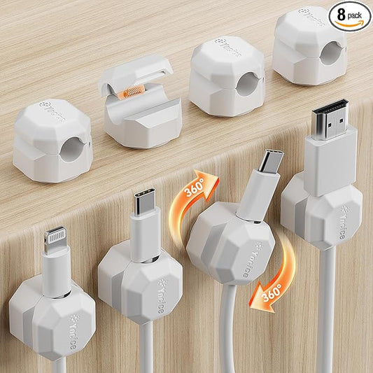 8 Pack Rotatable Cable Clips,Spring Cord Organizer Desk Cable Management Cord Holder Adhesive Phone Charger Cord Clips for Home Office Car Wall Nightstand Accessories White