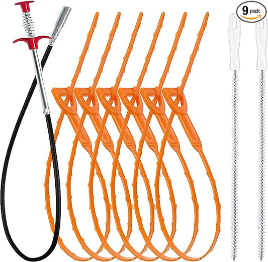 35.5inch Drain Clog Remover(1pcs), 25inch Drain Snake Hair Remover(6pcs) ＆ Cleaning Brush(2pcs), Hair Catcher Drain Auger Cleaner Tool Set For Toilet, Kitchen Sink, Bathroom Tub, Sewer, 9 Pack