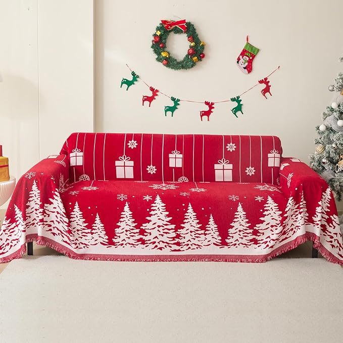 MEETSKY Christmas Couch Cover for Sectional Sofa, Chenille Loveseat Red Sofa Covers Washable for Pet Friendly Cedar Decorative Couch Covers, 71" x 102"