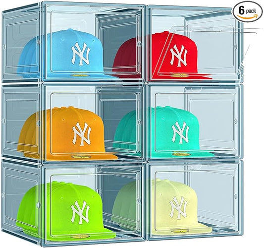 6 Pack Hat Organizer Box, Stackable Clear Baseball Caps Holder Box Containers with Magnetic Door for Hats Snapback Cap Storag, Hat Rack Display Case, Holds 8 Hats Each (Blue)