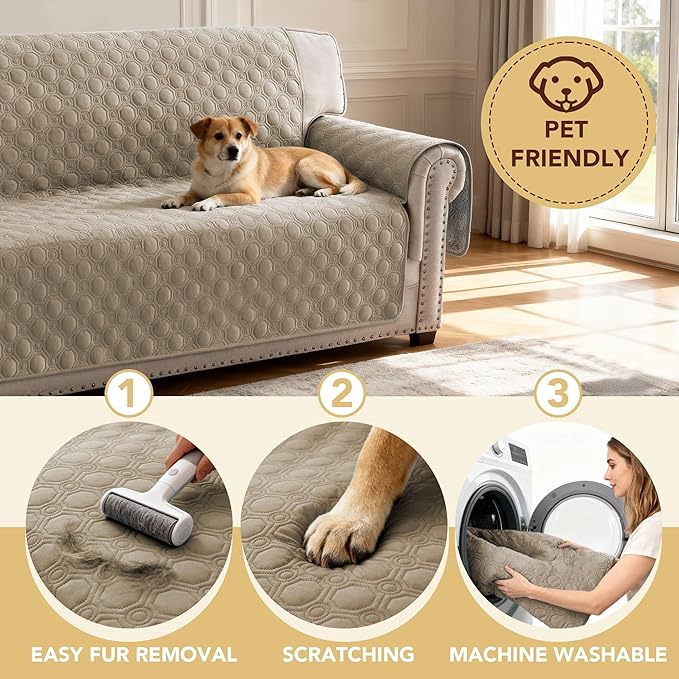 H.VERSAILTEX 100% Waterproof Couch Cover for Dogs Washable Triple Non-Slip 2 Cushion Loveseat Slipcover Thick Durable Sofa Protector with Storage Pocket (Loveseat, Taupe)