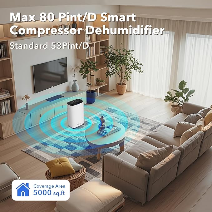 5000 Sq Ft Dehumidifier for Basement with Drain Hose, 80 Pint/Day (Standard 53 Pint/Day), Smart Humidity Control, 1.71-Gallon Water Tank, 24h Timer for Home, Bedroom, Bathroom