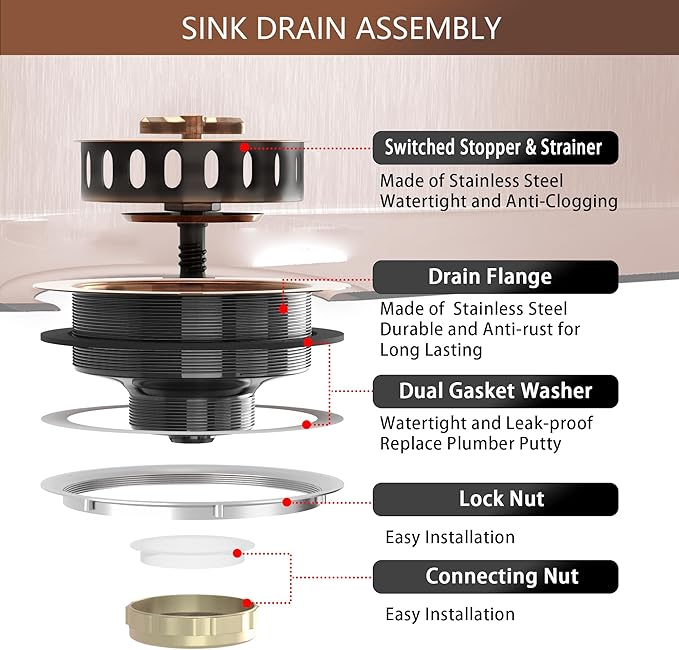 Kitchen Sink Drain Assembly 3-1/2 Inch Stainless Steel Kitchen Drain with T-Shaped Sink Strainer Basket and Drain Stopper for Standard Kitchen Sink Antique Copper