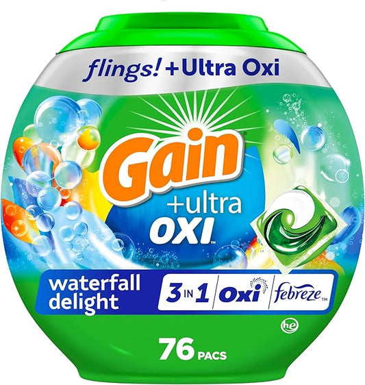 Gain Flings Ultra Oxi Laundry Detergent Pacs, 76 Count, Waterfall Delight Scent, 3-in-1, HE Compatible
