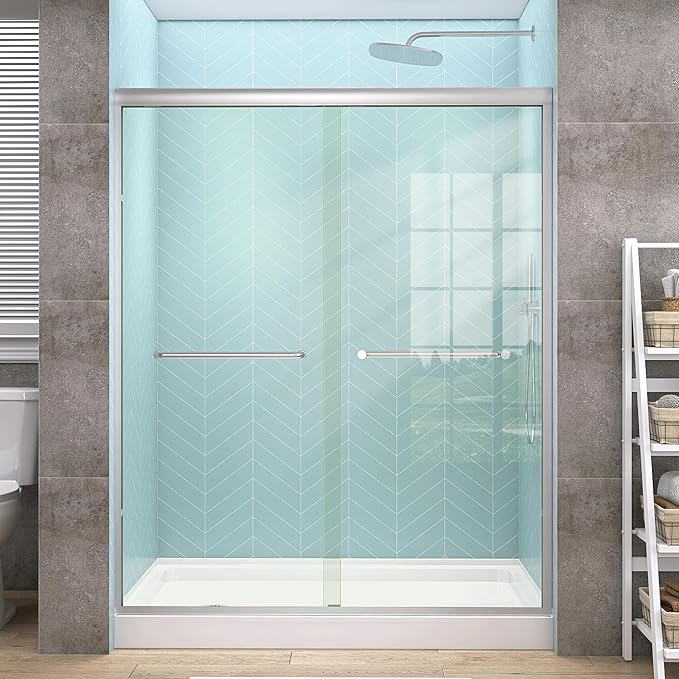 GETPRO Semi-Frameless Shower Door Double Sliding 56-60 in. W x 72 in. H Bypasss Bathroom Glass Shower Sliding Doors,1/4 inch Clear Tempered Glass Door for Walk-in Shower Brushed Nickel