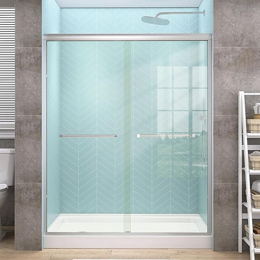 GETPRO Semi-Frameless Shower Door Double Sliding 56-60 in. W x 72 in. H Bypasss Bathroom Glass Shower Sliding Doors,1/4 inch Clear Tempered Glass Door for Walk-in Shower Brushed Nickel