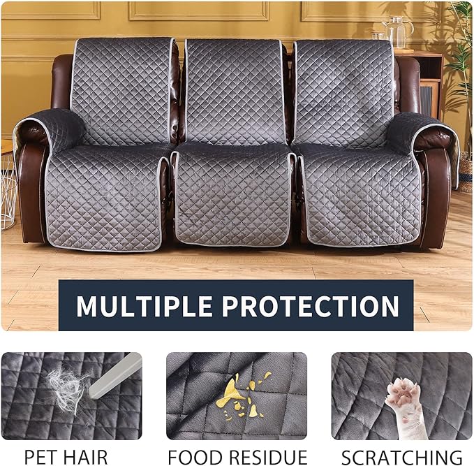 LUFEIJIASHI Non Slip Recliner Couch Covers for 3 Cushion Couch Sofa Reclining, Waterproof Recliner Sofa Covers 3 Seat, Velvet Reclining Couch Covers for Furniture Protector for Dogs Pets Dark Grey