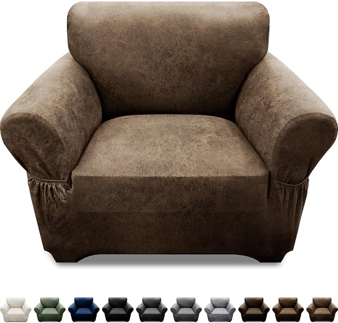 Single Sofa Cover Leather Look Chair Covers for Living Room 1-Piece Sofa Chair Covers with Arms Stretch Furniture Protector with Elastic Bottom & Pockets(Armchair, Light Brown)