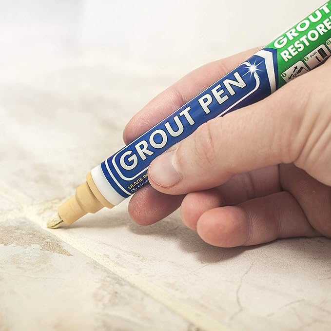 Grout Pen Tile Paint Marker: Yellow Cream 1 Pack and 2 Pack White with Extra Tips (Narrow, 5mm) - Waterproof Tile Grout Colorant Marker for Cleaner Looking Floors & Whitener Without Bleach