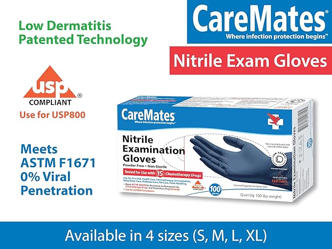 CareMates Nitrile Medical Exam Gloves, Latex Free Rubber, Powder Free, Extra Strong, 4 Mil Thick, Certified for Home Infusion, First Aid, Food Safe, Cleaning Gloves, Small, 200-Count