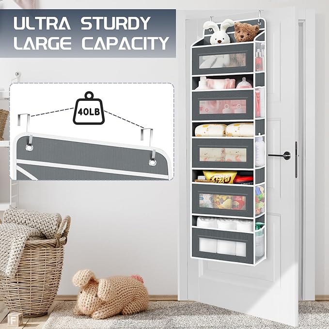 2 Pack 5-Tier Over the Door Organizer with 5 Large Side Pockets, 40lb Ultra Sturdy Large Capacity Behind the Door Storage, Stuffed Animal Storage for Pantry Bathroom Closet Baby Essentials(Grey)