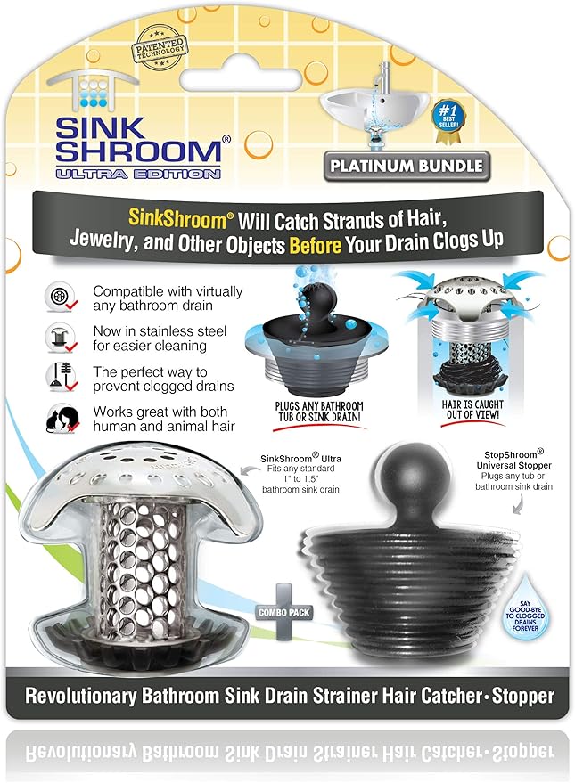 SinkShroom Revolutionary Clog-Free Sink Strainer Basket, 2-Pack, Stainless Steel + SinkShroom Ultra Revolutionary Bathroom Sink Drain Protector, Stainless Steel with Stopper