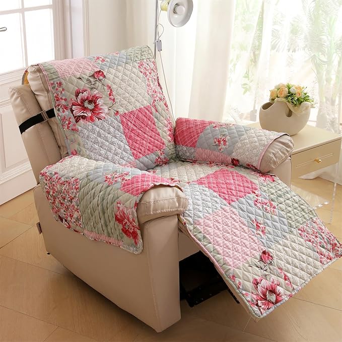 Cmfshape Skidproof Sofa Cover-Patchwork Sofa Slipcover with Elastic Straps-Easy Fit Slip Cover-Rose Washable Furniture Protector for Pets and Kids(Recliner,Pink&Grey)
