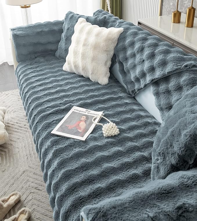 Soft Warm Faux Fur Couch Sofa Cover Thick Shaggy Fuzzy Sectional Couch Cover Non-Slip Solid Color Plush Sofa Slipcover Furniture Protector for Kids, Pets (Grey Black,43"x43")
