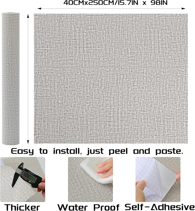 Peel and Stick Wallpaper Grey Grass Cloth Wall Paper - 15.7 x 98 Inch Self Adhesive Wallpaper Peel and Stick, Easy to Paste Wall Contact Paper for Stand Liner, Table and Door Makeover Decor
