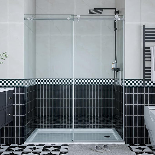 Glass Shower Door 44–48 Inch W x 76 Inch H – Frameless Sliding Shower Door, 8mm Coated Tempered Glass, Single Fixed & Sliding Glass Door, Brushed Stainless