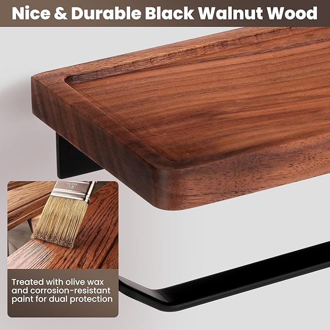 Double Toilet Paper Holder with Walnut Wood Shelf - Wall Mount & Self-Adhesive Bathroom Tissue Roll Holder, Black Stainless Steel with Walnut Shelf for Phone - Home Apartment Restroom