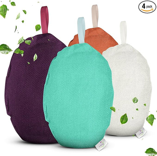 4 Pack Bamboo Charcoal Air Purifier Bags 200 Grams Each - Odor Absorber for Home, Car, Pets, Activated Charcoal Natural Freshener, Eco-Friendly & Reusable (Oval Shape)