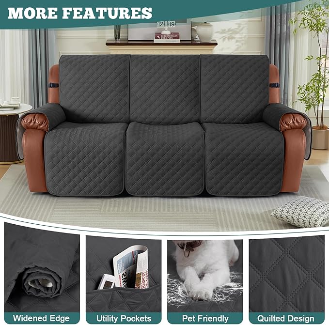 Ruaozz Waterproof Recliner Sofa Covers, 1-Piece Couch Covers for Reclining Couches Reclining Couch Cover Washable Furniture Protector with Elastic Straps Pocket for Kids Pets (Charcoal Grey, 3 Seater)