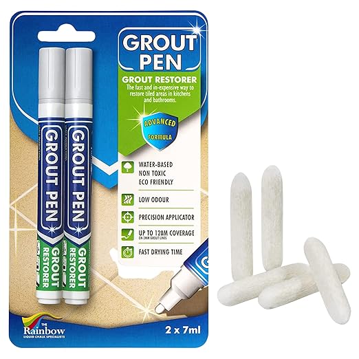 Grout Pen Tile Paint Marker: 2 Pack Light Grey with 5 Pack Replacement Tips (Narrow, 5mm) - Waterproof Grout Colorant and Sealer Pen to Renew, Repair, and Refresh Tile Grout - Cleaner Coating Stain Pe