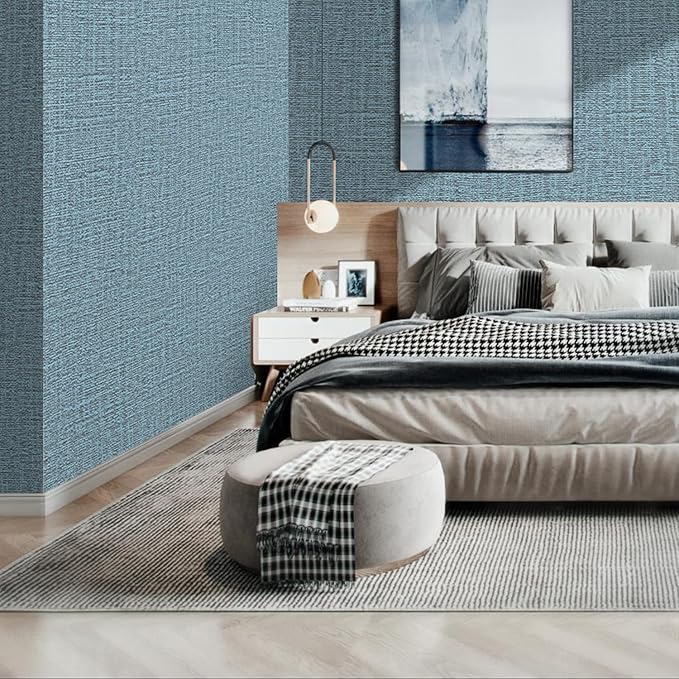 Peel and Stick Wallpaper Blue Grass Cloth Wall Paper - 15.7 x 300 Inch Self Adhesive Wallpaper Peel and Stick, Easy to Paste Wall Contact Paper for Stand Liner, Table and Door Makeover Decor