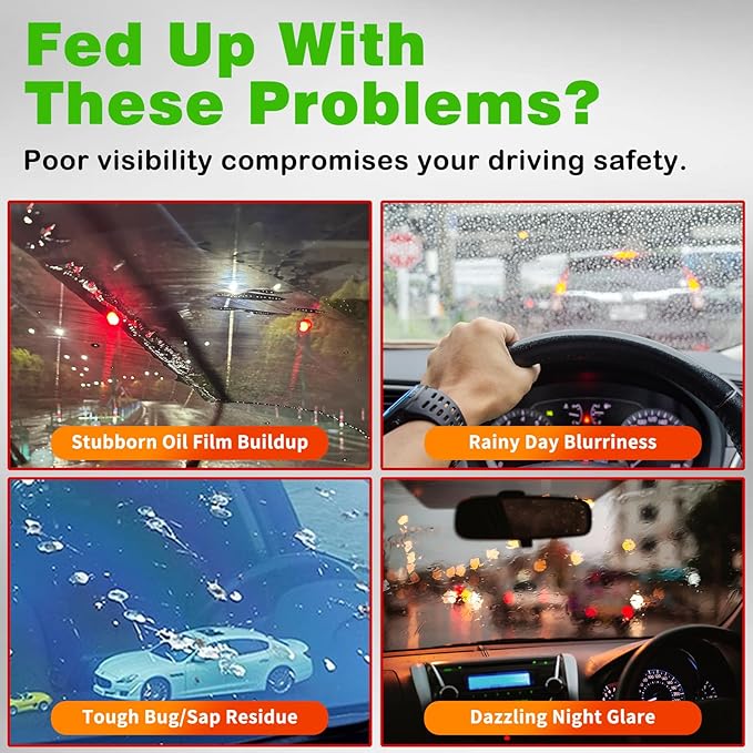 Glass Oil Film Remover for Car, Automotive Glass Cleaning Brush with 120ml Glass Compound, Windshield Cleaner for Clear Vision Clarity, Removes Oil Film & Smudges