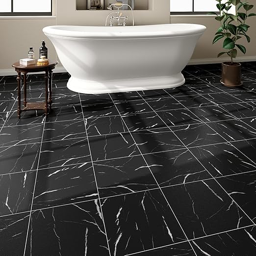 20-Pack Peel and Stick Floor Tiles Vinyl Floor 12 x 12 inch Self Adhesive Waterproof Flooring Planks DIY for Bathroom, Kitchen, Living Room, RV, Cover 20 Sq. Ft, Black Vein Marble