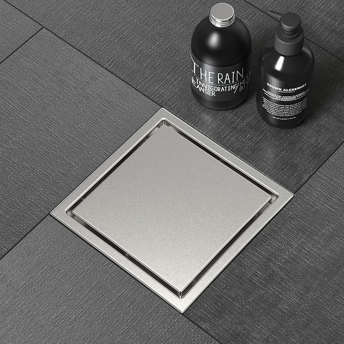 ELLO&ALLO 6 Inch Square Shower Drain Floor Drain with Flange Reversible 2-in-1 Cover Tile Insert Grate Removable SUS304 Stainless Steel in Brushed Nickel