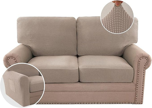 H.VERSAILTEX Multi-Pieces Sofa Covers Stretch Couch Covers Form Fitted Seats and Back Cushions Covers (2 Seat Covers Plus 2 Back Cusion Covers, Bonus 2 Armrest Covers), Sand