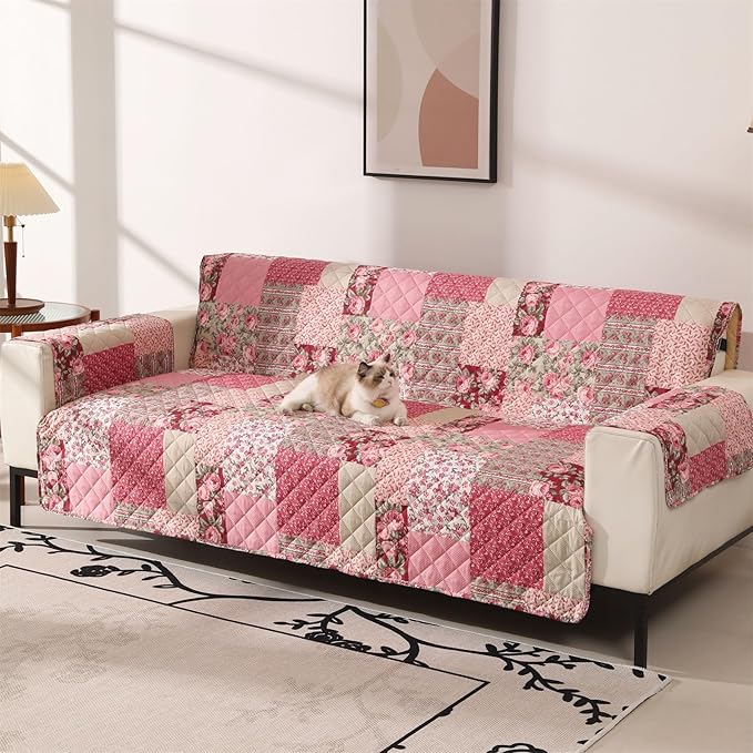 Skidproof Sofa Cover-Patchwork Sofa Slipcover with Elastic Straps-Easy Fit Slip Cover-Washable Furniture Protector for Pets and Kids(Sofa,Hot Pink)