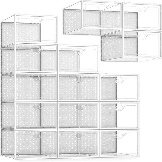 Pinkpum 15 Pack X-Large Shoe Storage Boxes Fit US Size 11, Shoe Organizer for Closet Clear Plastic Stackable Shoe Dispaly Case Holder Bins, Sneaker Storage for Sneakerheads White for Home and Family