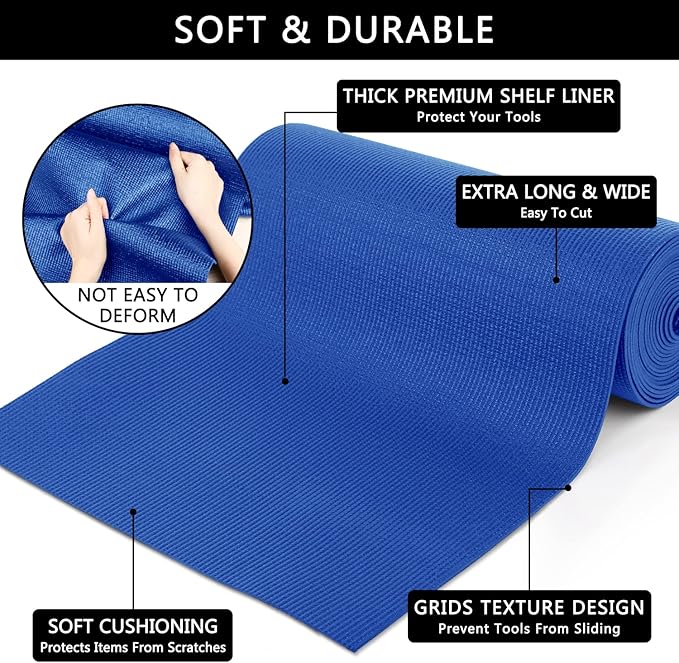 Foam Toolbox Liner Drawer Mat 1/8 Inch Thick X 24 Inch Wide X 24 Ft Long Blue, No Slip for Protecting Cabinet, Garage, Cart, Tool Box