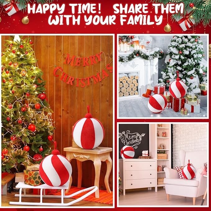 2 Pcs Christmas Pillows 7 Inch Round Christmas Ornament Shaped Throw Pillow Cute 3D Ball Xmas Throw Cushion Decoration for Bed Couch Sofa Chair Living Room(Red and White)