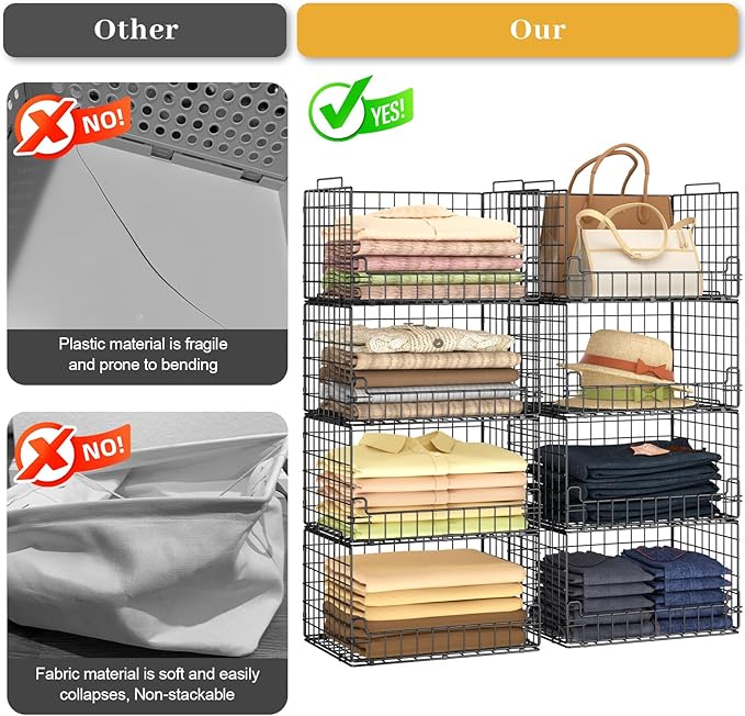 4 Tier Stackable Closet Organizers and Storage Basket - Sturdy Metal Foldable Storage Bin for Sweaters, Jeans and Clothes, Space-Saving Shelf Organizer System for Wardrobe, Black