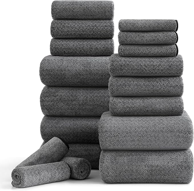Ycosy 18 Piece Bath Towels Set,100% Microfiber Family Bathroom Towel with Hanging Loops-6 Bath Towels,6 Hand Towels,6 Washcloths,Quick Dry Highly Absorbent Shower Towel for Bathroom,Hotel,Spa-Black