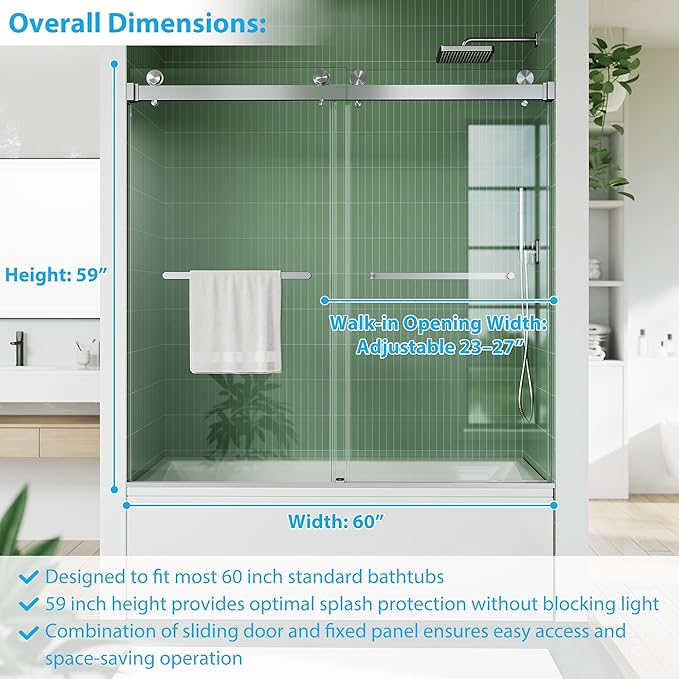 Frameless Bathtub Shower Door 56–60 Inch W × 59 Inch H, Sliding Tub Door, Sliding Shower Panels, 6mm Tempered Glass, Square Stainless Steel Track, Brushed Stainless