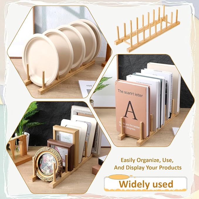 5 Pcs Bamboo Dish Racks, 8 Slots, Vertical Drainer, Plate Drying Stand Holder, Kitchen Cabinet Organizer for Dish, Pot Lids, Plates, Cups, and Cutting Boards and Books