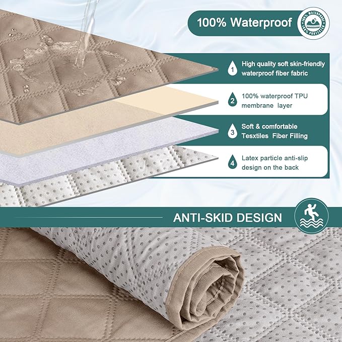Ruaozz Waterproof Recliner Sofa Covers, 1-Piece Couch Covers for Reclining Couches Reclining Couch Cover Washable Furniture Protector with Elastic Straps Pocket for Kids Pets (Light Brown, 3 Seater)