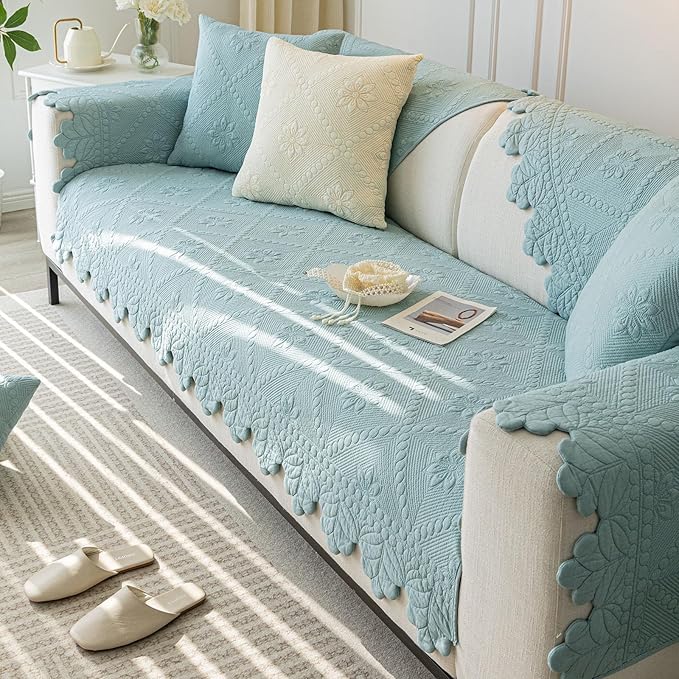 Cotton Quilted Dog Couch Cover for Sofa Farmhouse Rustic Embroidery Sectional Couch Cover Soft Anti-Slip Sofa Slipcover Furniture Protector for Kids, Pets (Blue,43"x94")