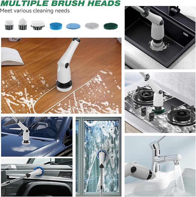 7.4V Electric Spin Scrubber Handheld Cordless Cleaning Brush Electric Cleaning Brush Kit with 7 Brush Heads, Adjustable Handle, 3 Speeds, Ideal for Home Kitchen Bathroom Wall Floor(White)