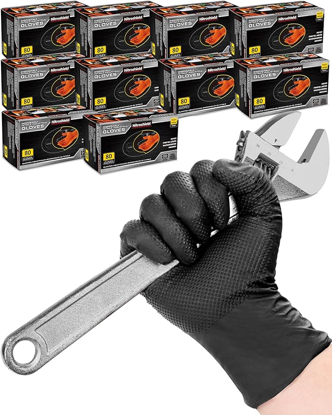 nitroshield 9mil Heavy Duty Disposable Nitrile Gloves, Black Large 800Pcs -Chemical Resistant, Latex & Powder Free Rubber Gloves Diamond Texture for Automotive, Mechanics, Cooking,BBQ, Industrial Use