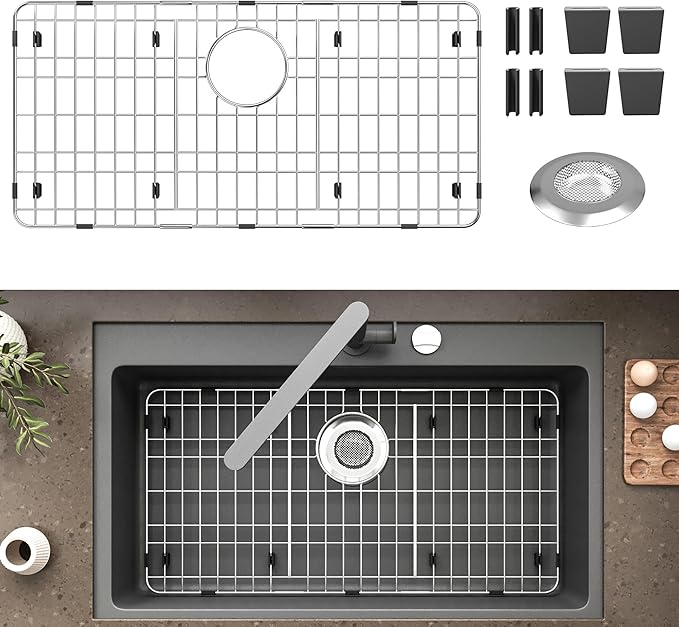 Stainless Steel Sink Protector 28-7/8" x 14-3/8" with Rear Drain, Metal Sink Rack for Bottom of Sink, Kitchen Sink Grate and Sink Protectors with Sink Strainer (28-7/8" x 14-3/8" - Rear Drain)
