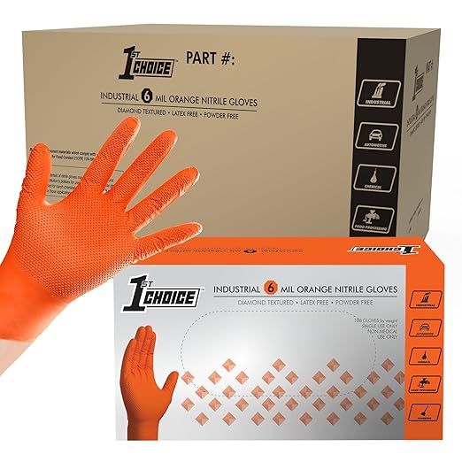 1st Choice 6 mil Orange Gloves, Disposable, Latex Free, Raised Diamond Grip, Mechanic Glove for Men, XL, Case of 1000
