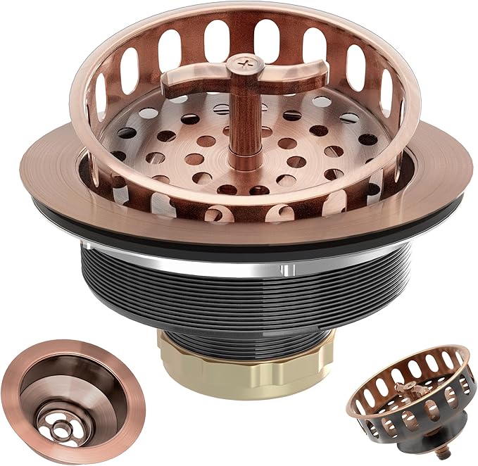 Kitchen Sink Drain Assembly 3-1/2 Inch Stainless Steel Kitchen Drain with T-Shaped Sink Strainer Basket and Drain Stopper for Standard Kitchen Sink Antique Copper