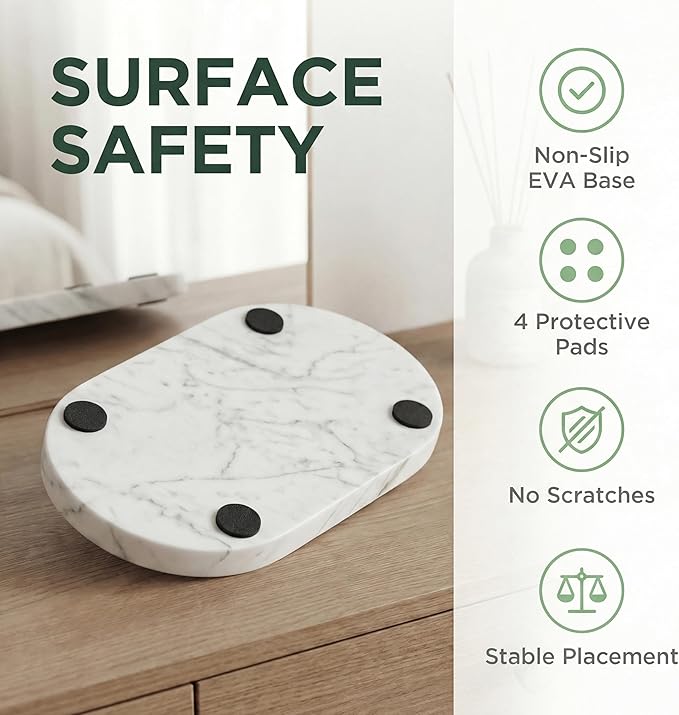 YKAJO 11.6" x 5.9" Oval Real Marble Tray for Bathroom & Kitchen Counter — 100% Natural Stone Decorative Vanity Tray for Dresser & Perfume — Heavy Catchall Organizer for Soap & Jewelry, White Gray