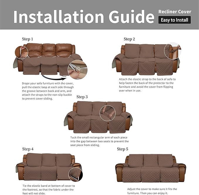 Easy-Going Recliner Sofa Cover, Reversible Couch Cover for 3 Seat Recliner, Split Sofa Cover for Each Seat, Furniture Protector with Elastic Straps for Kids, Dogs, Pets(3 Seater, Brown/Beige)
