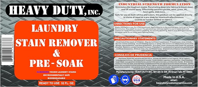 Heavy Duty Laundry Stain Remover & Pre-Soak Spray - 32 fl oz - Industrial Strength Fabric Spot Cleaner - Removes Oil, Blood, Urine, Pet, Grass, Sweat - Pre-Wash Treatment - Color Safe, Non-Bleach